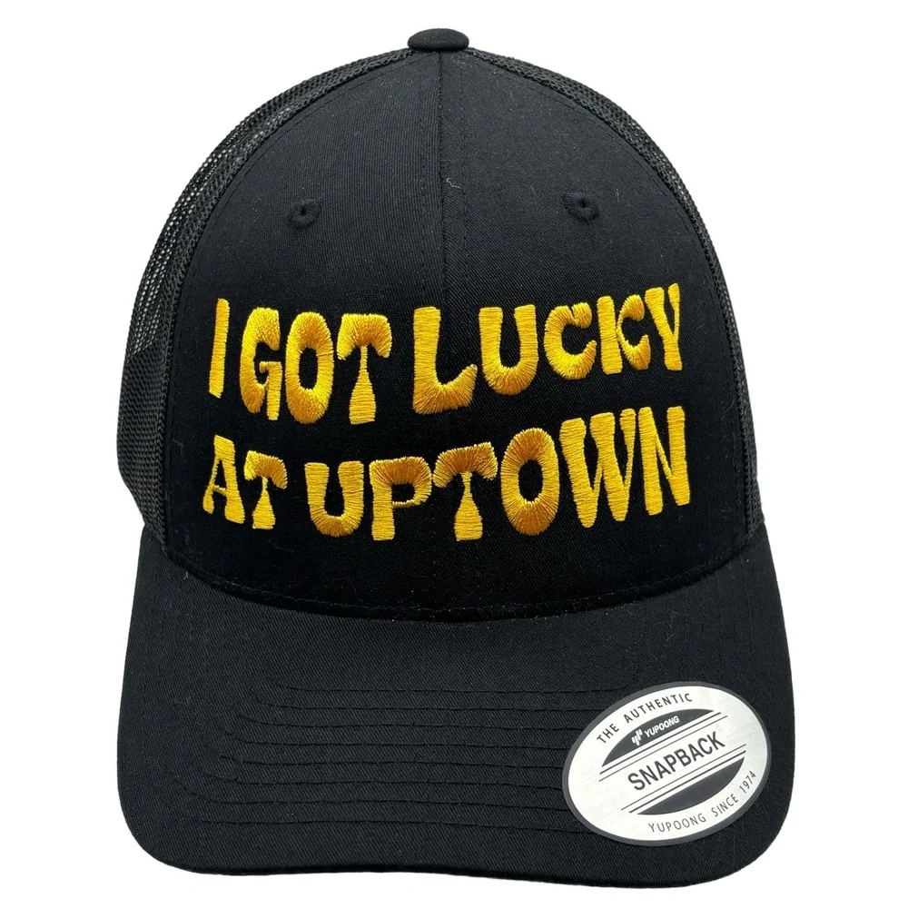 I Got Lucky At Uptown Trucker Hat Black Yellow Embroidered Snapback Cap Yupoong